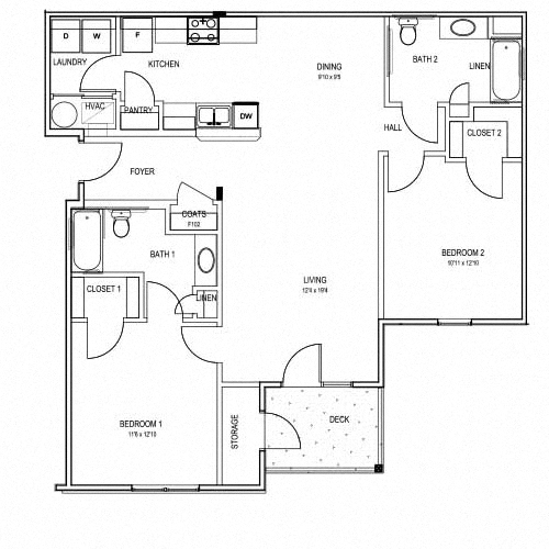 Floor plan for 2 beds, 2 baths, 1189 sqft